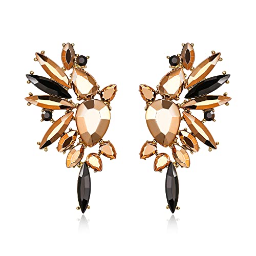EVER FAITH Crystal Fashion Statement Stud Earrings, Art Deco Marquise Teardrop Cluster Bling Costume Prom Dangle Earrings for Women Champagne w/Black Gold-Tone