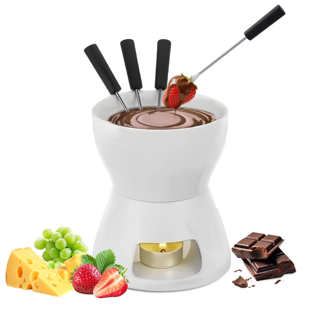 Ceramiczny czekoladowy fondue, zestaw czekoladowych kubków do fondue ze świecą herbacianą i 4 widelcami, mini kubek do topienia czekolady na rodzinne obiady, desery, restauracje i kawiarnie