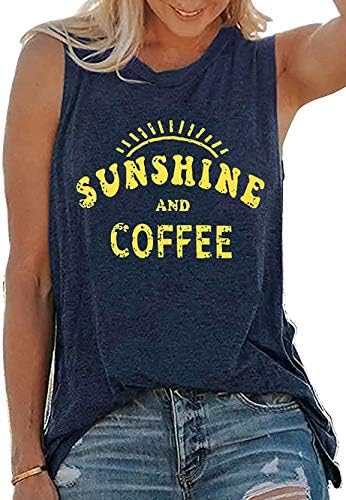 Tank Tops for Women Summer Sunshine and Coffee Graphic T-Shirts Sleeveless Casual Ladies Loose Tunic Blouse(Sunshine Deep Blue,2XL)