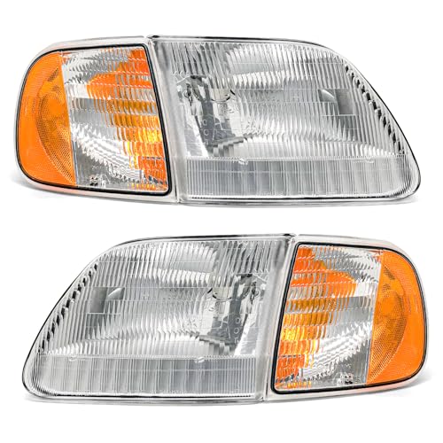 for 1997-2003 Ford Headlights Assembly Compatible with 1997-2003 F150 | 1998-1999 F250 | 1997-2002 Ford Expedition Chrome Housing Amber Reflector Headlamp with Corner Parking Turn Signal Marker Light