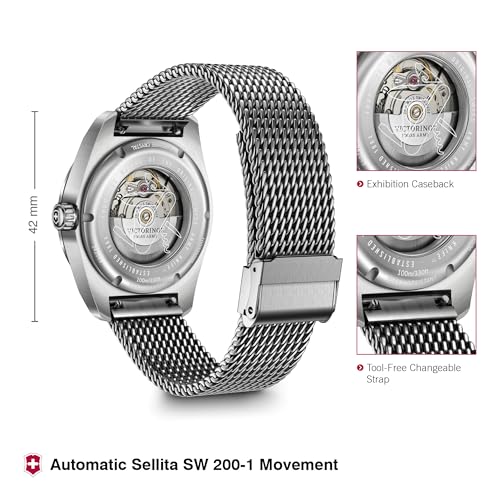 Image of Victorinox Swiss Army | Swiss Made Men's Automatic Watch, 42 mm, 100M Water Resistant, Anti-Shock | Blue Dial, Stainless Steel Case, Silver Mesh Bracelet, Sellita SW200-1 Movement | 242045