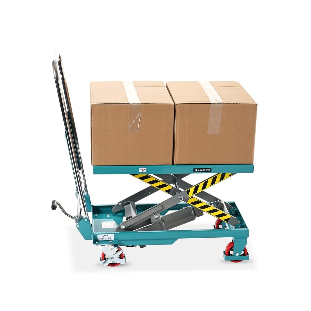 Ameise Scheren-Hubtischwagen LTT | 220-720 mm Hubbereich | 150 kg Tragkraft | 700x450 mm Plattform | Fahrbarer Hubtisch mit klappbarem Bügel | Fußbetriebene Hydraulikpumpe | Stahl | Türkisblau