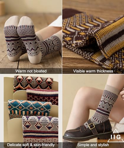 Image of IIG 3-5 Pairs Womens Vintage Cozy Crew Socks Soft Cute Neutral Cotton Socks Exquisite Patterns Socks Gift