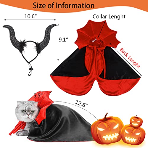 2 Stück Haustier Halloween-Kostüm Set Katze Hexe Vampir Cape Teufel Hörner Hut Urlaub Kleidung für Katze Welpe Halloween Party Haustier Outfits M