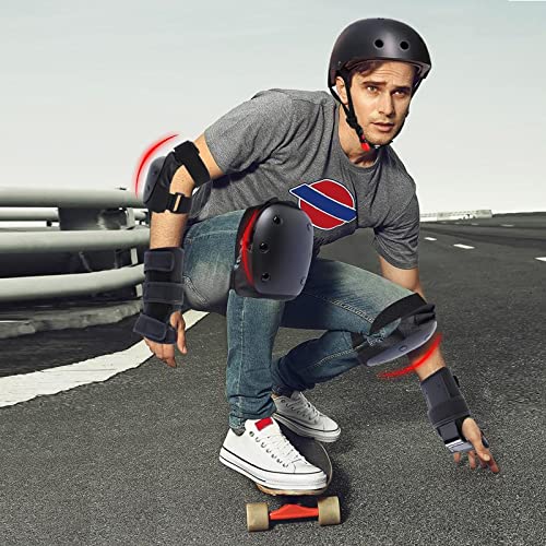 Adult Knee Pads Elbow Pads Wrist Guards for Adult Kids 6 in 1 Protective Gear Set for Skateboarding Biking Roller Skating Cycling Outdoor Sports Black L