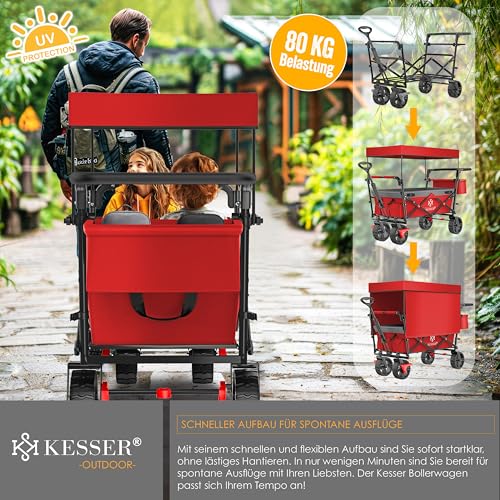 KESSER® Bollerwagen faltbar GT9000 mit Dach Handwagen Transportwagen mit Schloss & Cover | 2X 3-Punkt Gurtsystem | klappbar | Vollgummi-Reifen | bis 80 kg | Vorder- & Hinter-Bremse, Rot/Grau – Bild 8