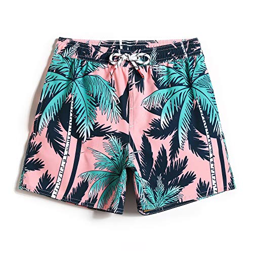 SSLR Big Boy's Printed Quick Dry UPF 50+ Beach Hawaiian Swim Trunks (Medium, Pink)