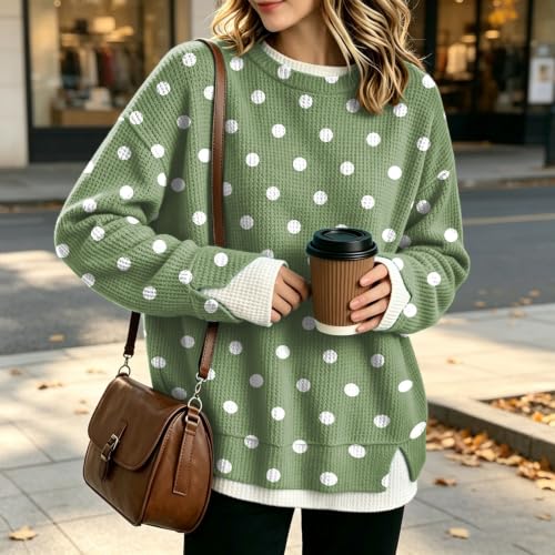Waffle Knit Womens Oversized Sweatshirt Crew Neck Polka Dot Layered Shirts - image 3
