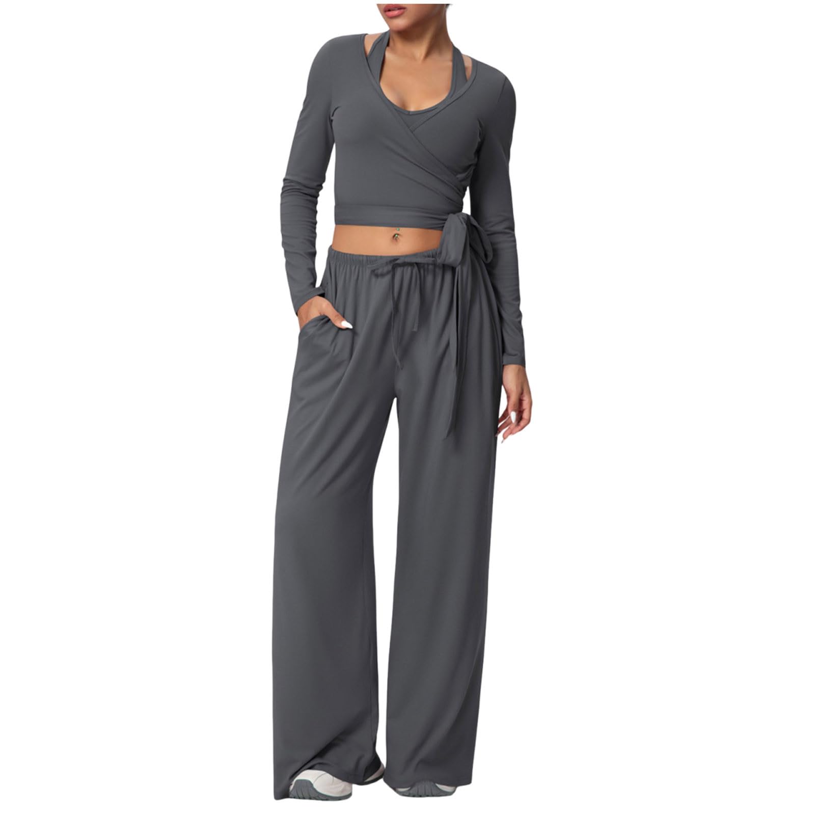 Set da palestra da donna a maniche lunghe con top corto con cintura senza maniche, pantaloni a lunghezza intera, casual, comodi, per yoga, corsa, allenamento, abbigliamento sportivo all'aperto
