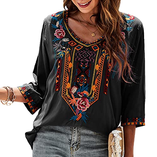 AK Embroidered Tops for Women 3/4 Sleeve Peasant Blouse Mexican Shirts V Neck Traditional Tunic Casual Tops2