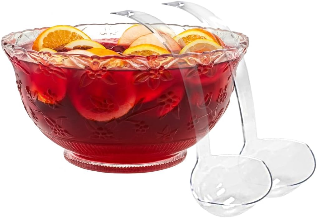 1 Large Plastic Punch Bowl with 2 Ladles, Clear Embossed Glass-Like 3-Gallon (12-Quart) Disposable Punch Bowl with 5 oz Plastic Ladle for Parties, Events, Punch Juicy, Snacks, and Fruits