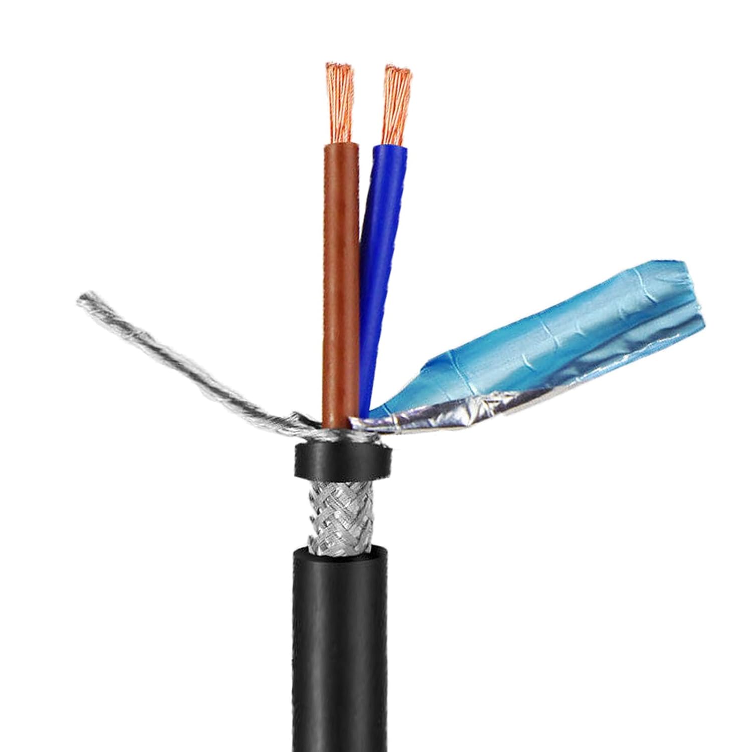 2C Shielded Signal Cable Control Wire, Double Shielded Aluminum Foil & Tinned Copper Braided Wire, Oxygen-Free Copper Flexible PVC for Security Systems, LED & Building(30FT,2C-1.5mm²)