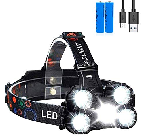 Linterna frontal LED Recargable de Trabajo, 8000 Lúmenes, 4 Modos de Luz con Flash, Zoom in/out, Ligera Elástica, Impermeable para Ciclismo, Correr, Deportes Nocturnos...