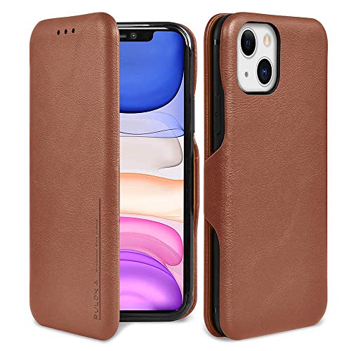 Image of PULOKA for iPhone 14 - Sleek Flip Case - Premium Vegan Leather Phone Cover with Card Slot - Slim, Durable, Privacy Protection - Kickstand Function - Elegant Flip Wallet Cases for Apple - Brown