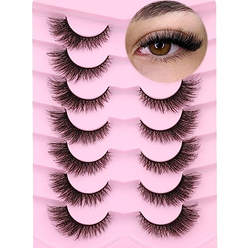 False Lashes Natural Look Faux Mink Lashes Fluffy Fake Eyelashes 16MM Cat Eye Lash Wispy False Eyelashes 7 Pairs