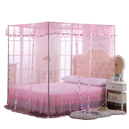 JQWUPUP Twin Canopy Bed Curtains - 4 Corner Canopy for Beds, Bed Canopy for Girls Adults, Bedroom Decor (Twin Size, Pink)