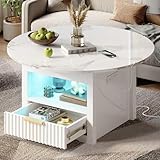 Bestier Round Coffee Table, LED Lift Top Coffee Table with Storage and Power Outlet, Modern Fluted Coffee Table with Drawer for Living Room, Bedroom, White Glossy