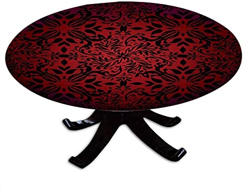 Red and Black Round Table Cloth, Mandala Oriental Design Flowers and Leaves Frame Image, Elastic Edge, Suitable for Wedding/Banquet/Restaurant/Party, Fit for 48" Table, Vermilion Black