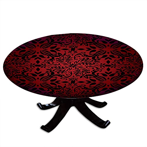 Red And Black Round Table Cloth, Mandala Oriental Design Flowers And Leaves Frame Image, Elastic Edge, Suitable For Wedding/Banquet/Restaurant/Party, Fit For 48" Table, Vermilion Black #TOP25