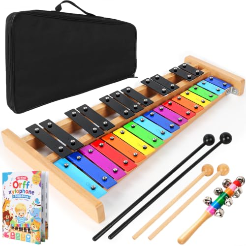 Image of lotmusic Xylophone for Kids,Glockenspiel Xylophone 27 Note Percussion Kit Musical Instruments with Soogbook & Carry Bag for Toddlers Adults, Birthday Educational Gift Colorful Metal Keys