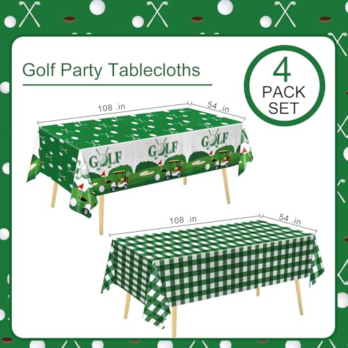 Image of QIYANPAX 4 Pack Golf Party Tablecloths - Green Gingham Tablecloth and Golf-Themed Plastic Table Covers Disposable Tablecloths for Birthday Outdoor Party Decorations, 54 x 108 Inch
