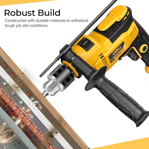 Image of Deli EDC180 650W Corded Electric Impact Drill Tool Set with 9 Drill Bits 48000BPM Variable Speed Control 3000RPM 220-240v ~50hz /60hz Hammer Drilling Machine for Wood & Masonry (Set of 1, Yellow)
