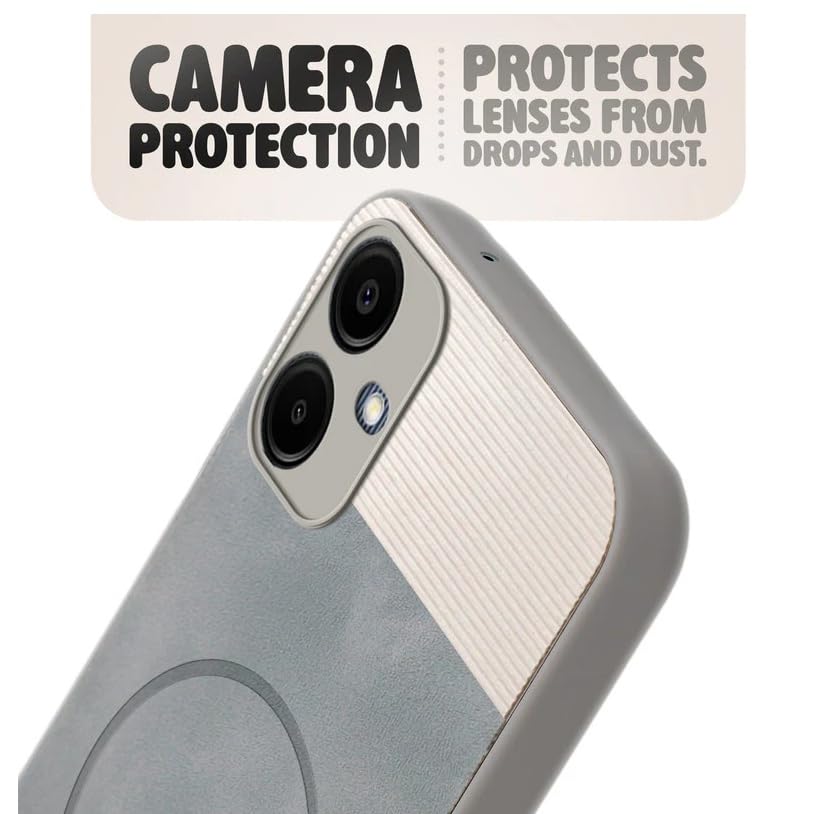 Image of Bintage CASE Dual-Leather Mac Safe Design Phone Case| Soft Touch Finish | Full Camera Protectection Back Cover Compatible for Samsung Galaxy A06 (5G) - White & Matelic Grey