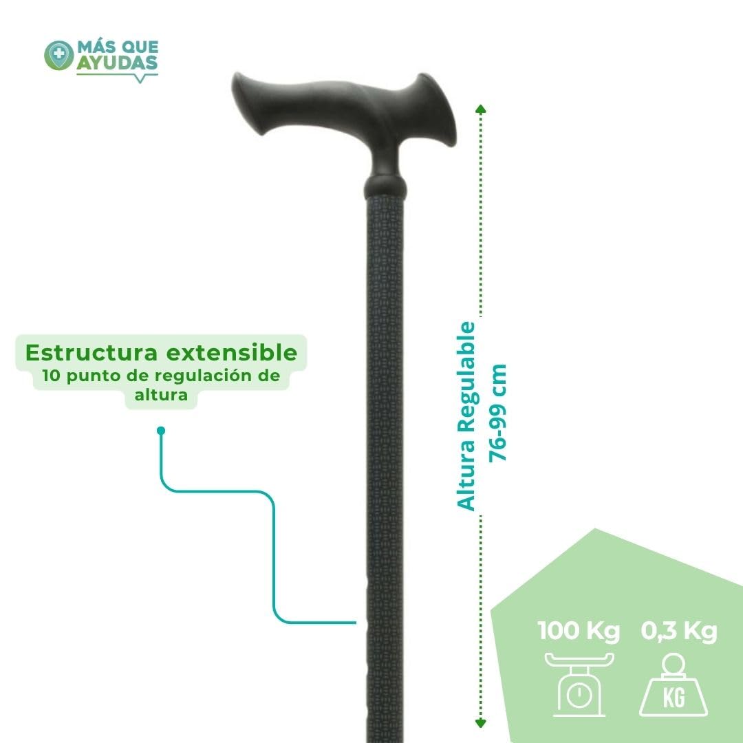 Bastón para Mayores y Adultos Ergo, Aluminio, Extensible y Portátil, Altura Ajustable 76-99 cm, Puño Ergonómico, Bastón para Caminar y Pasear, 300 g