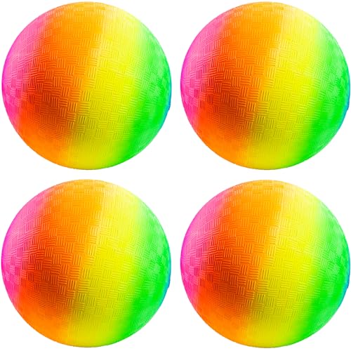 PlayBolt Rainbow Playground Balls - 8.5 Inch (Pack of 4) Rubber Bouncy Colorful Inflatable Balls for Kids and Adults Indoor & Outdoor Games Kickball Dodgeball Four Square Dodge Recess Handball