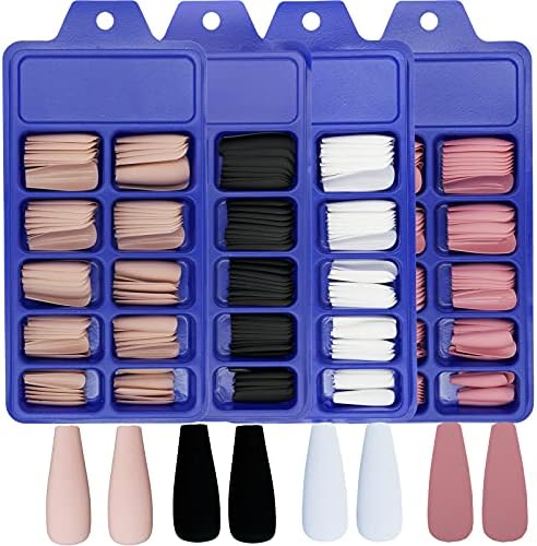 AddFavor 400pc Long Press on Nails Matte Coffin Ballerina Full Cover Fake Nail Tips DIY Acrylic False Nails for Women Girls Nail Art Decoration ( Black White Pink Nude)