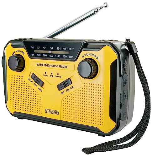 Schwaiger Outdoorradio UKW, AM, FM Handkurbel, Solarpanel, spritzwassergeschützt, stoßfest, Taschenlampe Gelb, Schwarz