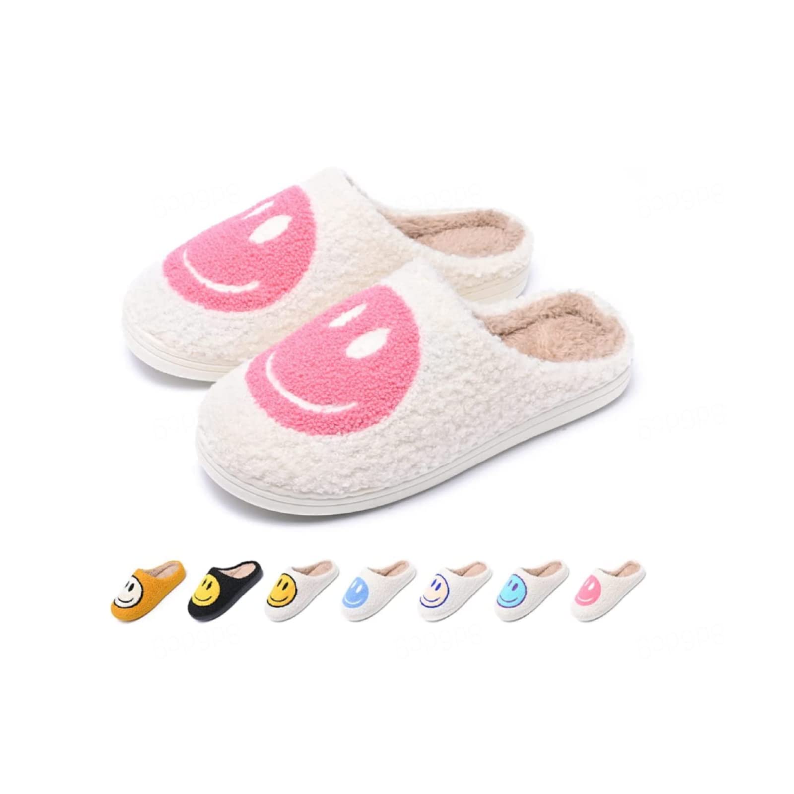 NiRhEComfy Smiley Face Cozy Plush Warm Slide on House Slipper with Memory Foam Home Slip-on Fur Slippers Cushioned Indoor Outdoor Clog Slipper for Women Men Girls Boys,B-38/39EU