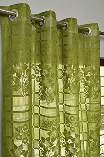 Image of Fabrilia Heavy Polyester Net Semi Sheer Fancy Grommet Curtains, Floral Design, Green, Long Door- 4 Feet X 9 Feet, Pack Of 2 Pcs