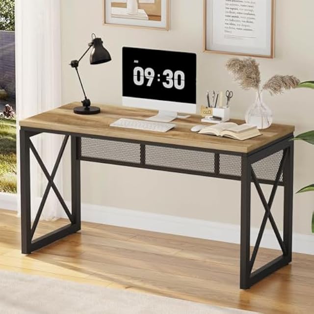 BON AUGURE 54 Inch Farmhouse Computer Desk, Industrial Home Office Desk with Metal Frame, Rustic Wood Writing Desk Study Table Workstation for Bedroom, Office, Vintage Oak