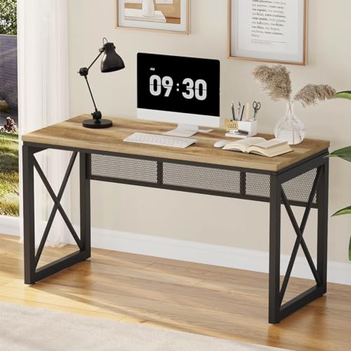 BON AUGURE Farmhouse Computer Desk, Modern Industrial Home Office Desks, Wood Metal Study Writing Table, Sturdy Gaming Desk (Vintage Oak, 54 Inch)
