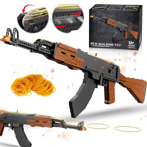 Building Block Gun for Adults, 1:1 AKM-47 Model Gun with Functional Rubber Band Shooting Mechanism, Collectible Gift for Military Weapon Toy Lovers,Educational STEM Toy Set for Boys Age 12+, 1166Pcs