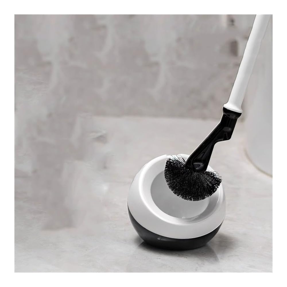 Cepillo de baño, Escobilla de baño Redonda montada en el Suelo con Base Transpirable, escobilla de plástico for Inodoro, escobilla de baño de Mango Largo Blanco y Negro