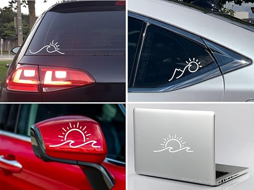 03 Pack. Sun And Wave Decal + Ocean Mountain Sun Decal + Sun Beach Bumper Sticker Vinyl Decal For Cars Vans Water Bottles, | Approx 6.0 Inches Wide | | White |. #TOP5