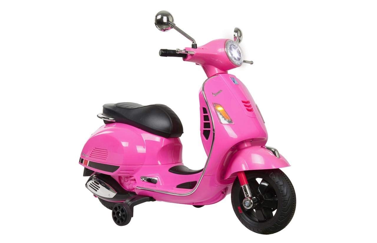 JAMARA 460349 – Ride-on Vespa pink 12 V – wydajny silnik napędowy i akumulator zapewniający długi czas jazdy, gniazdo na karty SD, złącze AUX i USB, ultra uchwyt gumowy na koło, koło podporowe, reflektor LED