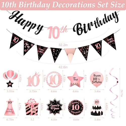 Image of 10th Birthday Decorations for Girls Rose Gold Pink Pre Strung Happy 10th Birthday Banner and Hanging Swirls 10 Year Old Party Decorations Supplies