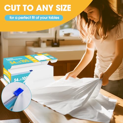 Image of Niuara White Plastic Table Cover Roll - 54IN x 100FT, Table Cloth for Rectangle Table with Slide Cutter, Plastic Table Cloth Disposable with Cut-to-Size Design for Weddings, Banquets, Parties