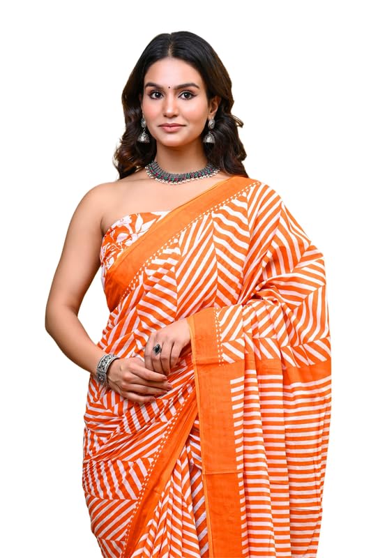 Mulmul Cotton Saree for Women With Blouse Piece | Soft Cotton Sari for Women (Chevron)-image-29