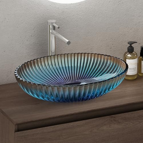 doporro Lavabo da Appoggio in Vetro Temperato Lavandino Bagno Ovale 50,5 x 35 x 14,5 cm Blu Lavello Design Artistico con Texture per WC Ospiti Minerva04