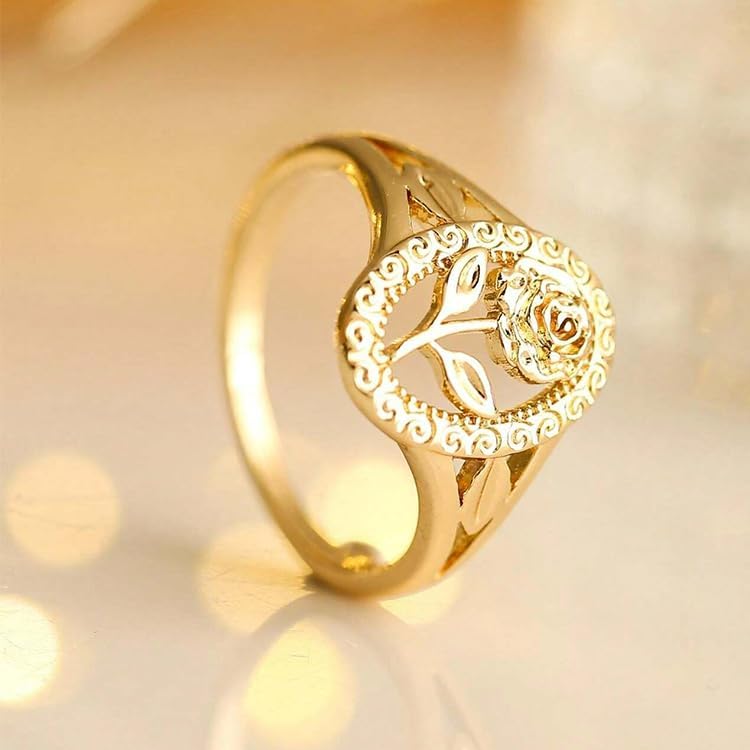 Chunky Gold Ring For Women, Trendy Rose Flower Rings Copper Daily Wear Wedding Statement Promise Engagement Party Jewelry Wife Mother Gift Birthday Valentines Mom - Image 3