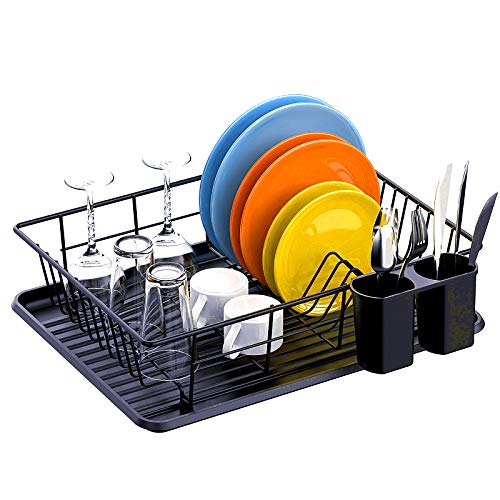 Dish Drying Rack, Packism Dish Rack with Drain Board, Utensil Holder, Stable Color Coating Dish Drainer for Kitchen Counter Top Dish Rack Wire Holder, Black, 16.5 x 12.4 x 4.3 inch