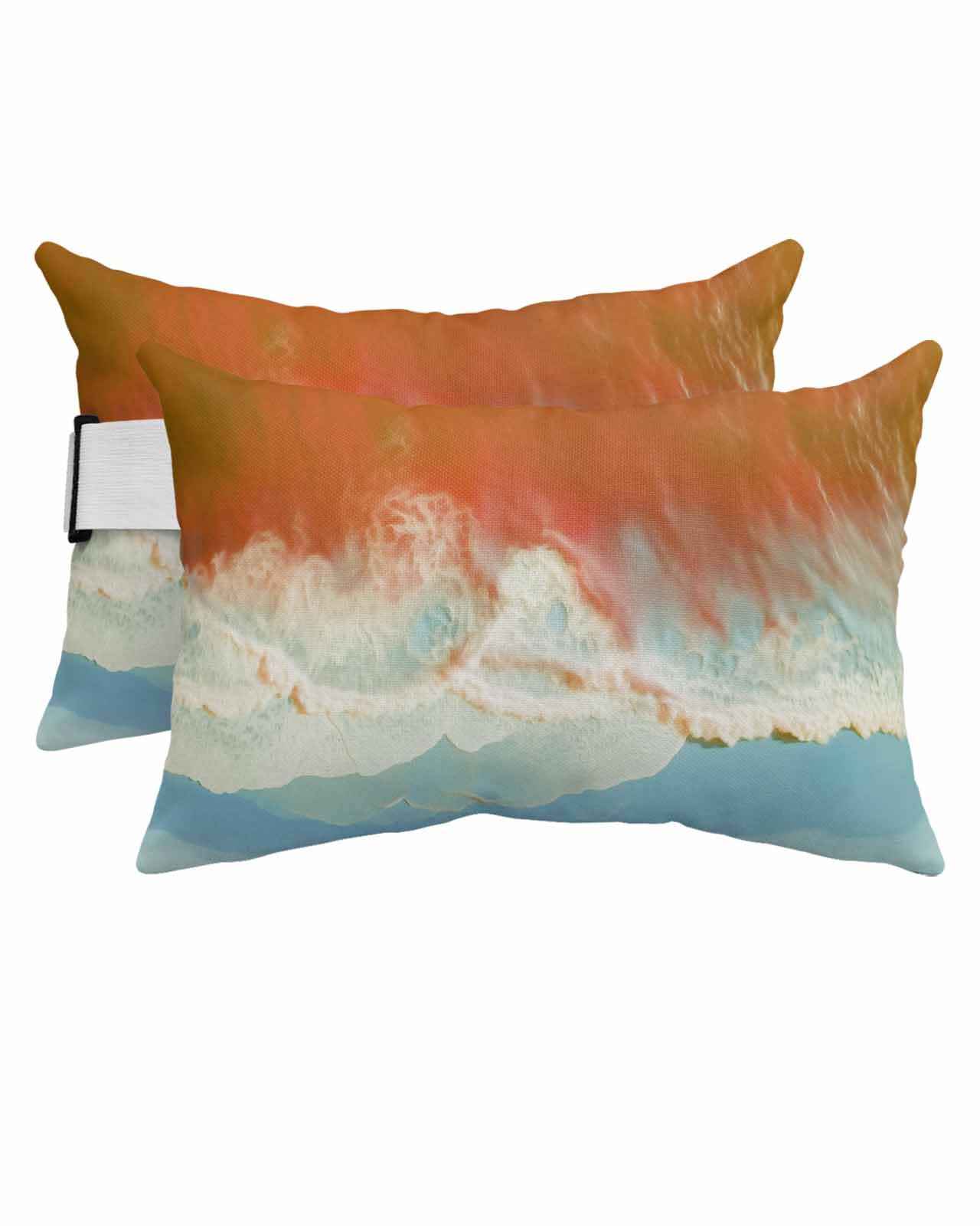 HERBED Outdoor Pillows Covers with Inserts Summer Orange Ocean Beach Pattern Waterproof Pillow with Adjustable Strap Throw Pillows for Patio Furniture Pool Lounge Chair, 11x16 Inch, 2PCS