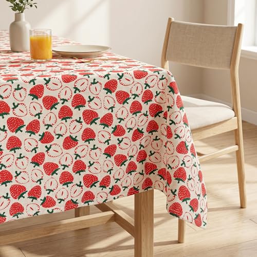 Image of R home Strawberry Print 56 x 90 Inch Table Cover for 6 Seater Dining Table | 100% Cotton Slub Fabric | Premium Digital Printed Rectangular Table Cloth | Soft, Durable, Washable & Reusable