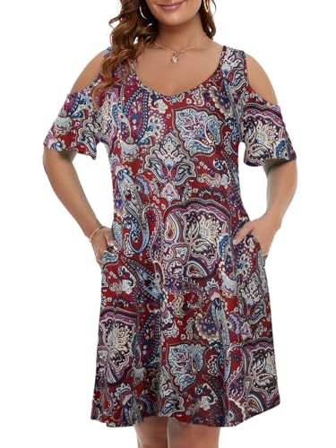 Image of JollieLovin Womens Plus Size Short Sleeve Cold Shoulder V Neck T-Shirt Dress with Pockets