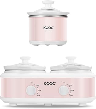 KOOC Small Slow Cooker, 0.65 Quart, Sauces, Stews & Dips, Stainless Steel, Pink, Round + KOOC Double Small Slow Cooker 2x1.25 Quart Individual Temp Control, Pink, Round