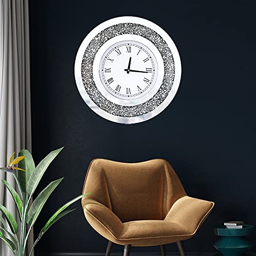 Dmdfirst Silver Round Mirror Clock Crystal Sparkle Twinkle Bling Crush Diamond Mirrored Large Wall Clock For Wall Decoration Silver Glass Mirror Home Décor. Aa Battery Is Not Included. #TOP3